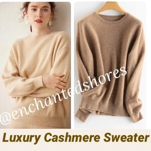 Cashmere Luxury Sweater Round Crewneck Sleeve Soft Tan Brown Beige Size Medium